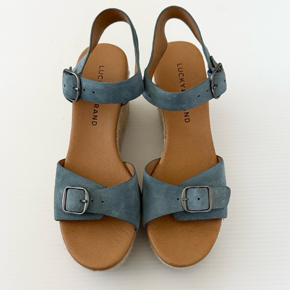 Lucky Brand Blue Suede Buckle Espadrille Wedge Shoes